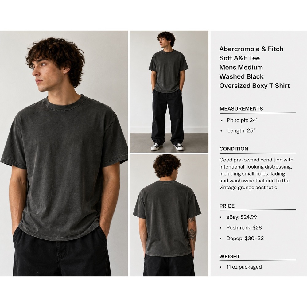 Abercrombie & Fitch Soft A&F Tee Mens M Charcoal Grey Distressed Boxy‎ Fit